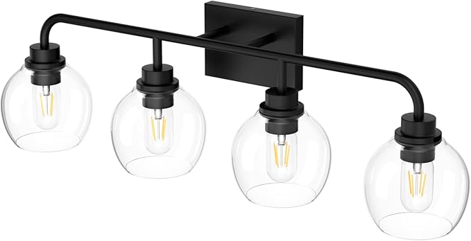 Tipace Industrial Bathroom Vanity Lighting Fixtures 4-Lights Vintage Black Finish with Globe Clear Glass Vanity Lights Farmhouse Bath Lighting(Exclude Bulb)