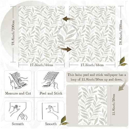 Leaf Peel and Stick Wallpaper Boho 17.3" X 78.8" Beige and White Wallpaper Self Adhesive Removable Wall Paper for Bathroom Kitchen Wallpapers Leaf Contact Paper for Walls Vinyl Roll