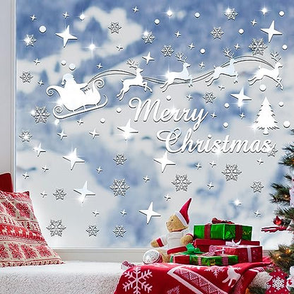 Christmas Mirror Decals Stickers Merry Christmas Santa Claus Reindeer Snowflakes Window Mirror Clings Xmas Acrylic Wall Art Decals Decor for DIY Holiday Winter Party Home Window Decor