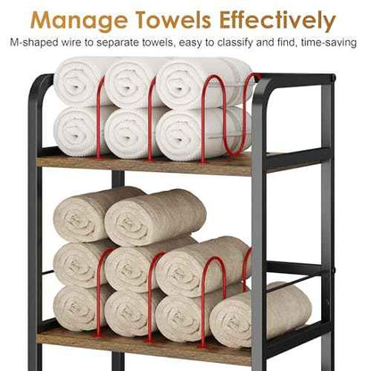 Towel Rack Free Standing Rolling 3-Tier with Removable Dividers & 2 Brake Wheels, Mobile Bathroom Storage Organizer with 3 Wood Shelves for Towels, Toiletries, Poolside Towel Holder