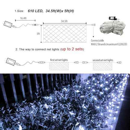 610 LED Christmas Net Lights, 34.5ft x 5ft Mesh Lights Outdoor with Timer & 8 Lighting Modes Clear Wire, Waterproof Connectable String Lights for Bushes Xmas Tree Garden Holiday Party - White