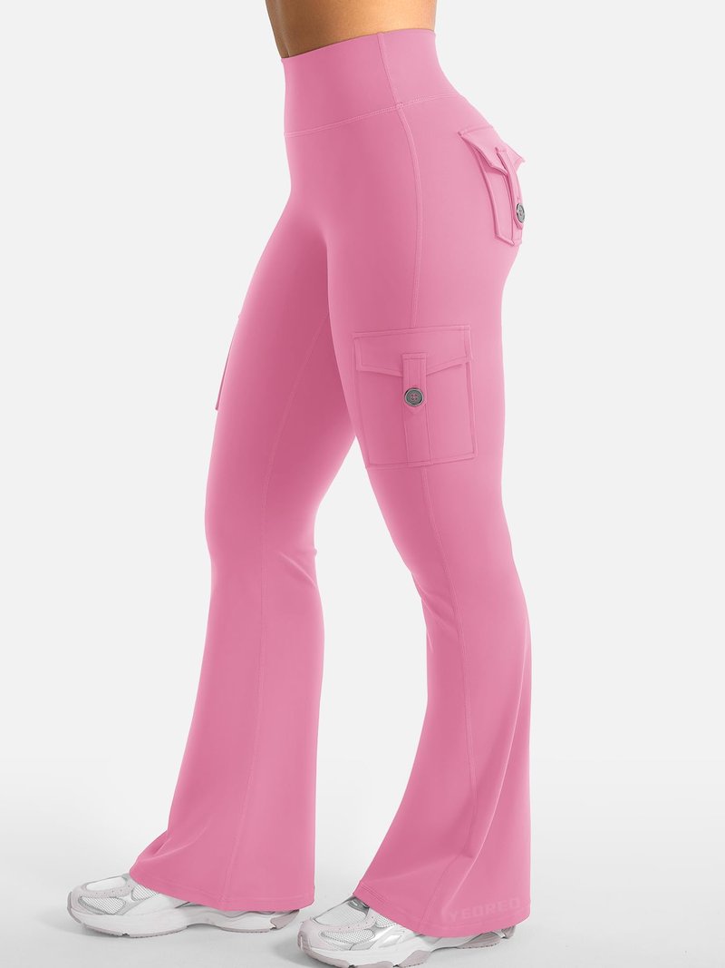 YEOREO CoreFlex Women Workout Flare Leggings with Pockets Hidden Scrunch High Waisted Cargo Gym Yoga Leggings Pink L