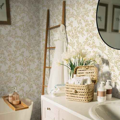 Ismoon Floral Peel and Stick Wallpaper Vintage Beige Contact Paper White Gold Stick on Wallpaper Textured Removable Self Adhesive Wall Paper for Bedroom Vinyl 17.3x78.7in