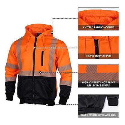 VENDACE High Visibility ANSI Class 3 Reflective Safety Fleece Sweatshirt Hoodie for Men Hi Vis Hoodies Zipper Jacket