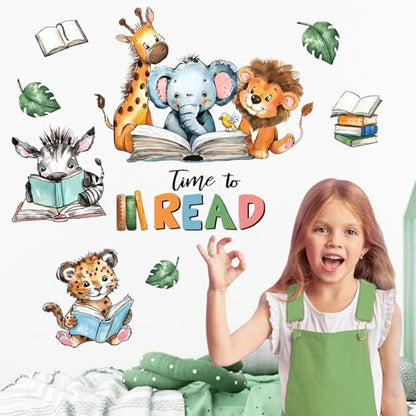 Mfault Time to Read Animal Book Wall Decals Stickers, Educational Elephant Lion Giraffe Nursery Decorations Classroom Bedroom Art, Zebra Leopard Plant Neutral Toddler Kids Reading Corner School Decor