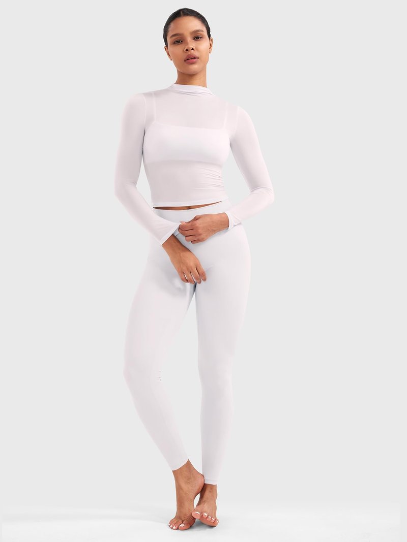 YEOREO Womens Sheer Tops Long Sleeve See Through Tops Mock Neck Slim Fit Workout Shirt Jamy Going Out Sexy Shirts White M