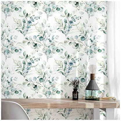 Floralplus Peel and Stick Wallpaper Boho Eucalyptus Leaf Wallpaper for Bathroom Renter Friendly Removable Wallpapers Stick On Contact Paper for Bedroom Home Decor 17.5 x118 in