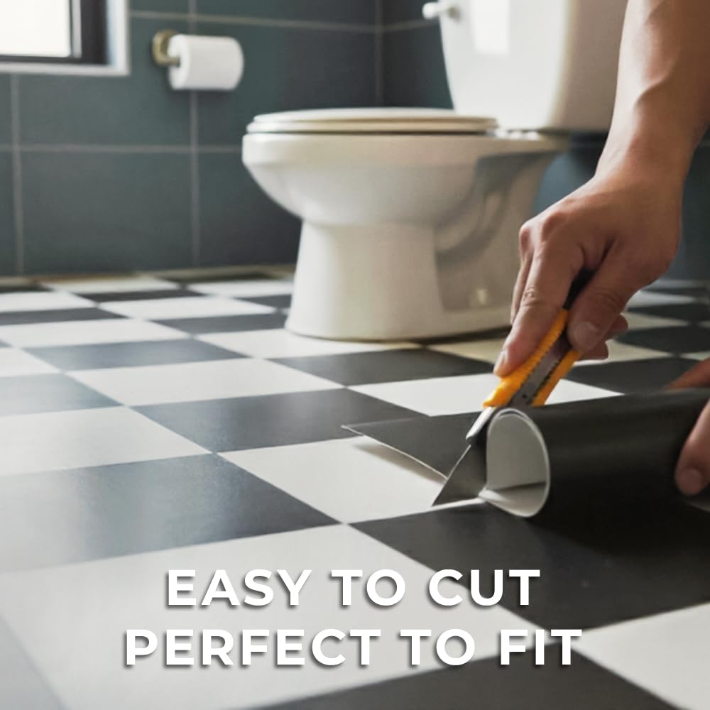 auxua Peel and Stick Floor Tile, Black Checked Pattern Continuous Vinyl Roll Flooring – 15.7'' x 19.68 ft Roll Covers 25.83 sq. ft, Effortless Alignment, Seamless Look Design for Bathroom, Kitchen
