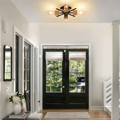 4 Light Sputnik Light Fixture Black Flush Mount Lights Industrial Ceiling Light Wood 22" Modern Farmhouse Ceiling Lights for Kitchen Bedroom Bathroom Foyer Hallway(E26)