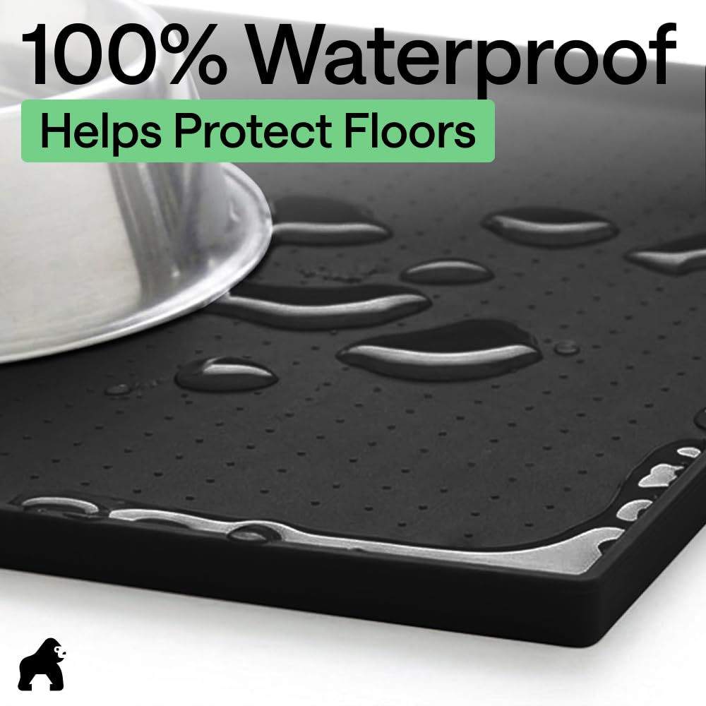 GORILLA GRIP 100% Waterproof Raised Edge BPA Free Silicone Pet Feeding Mat, Dog Cat Food Mats Contain Spills Protects Floors, Placemats for Cats and Dogs Water Bowl, Pets Accessories 18.5x11.5 Black