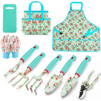 Garden Tools Set, JUMPHIGH 10 PCS Heavy Duty Gardening Tools Includes Hand Trowel Rake Weeder Pruner, Gardening Gifts for Women, Garden Kit with Tote Bag, Apron, Gloves, Kneeling Pad