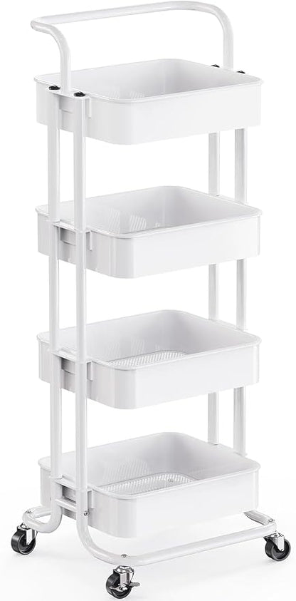 Pipishell 4 Tier Rolling Cart, Metal Utility Cart with Wheels and Handle, Rolling Storage Cart for Nursery Room, Living Room, Painting Room, Office and Kitchen, White