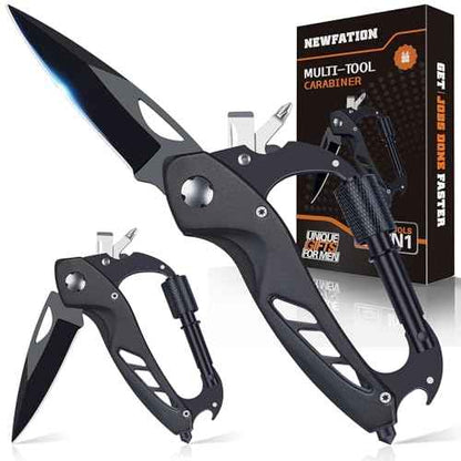 Multitool Carabiner with Pocket Knife, Gift for Men Him Dad Husband, 6-in-1 Multitool with EDC Carabiner Keychain,Bottle Opener,Window Breaker & Screwdriver,Cool Gadgets for Outdoor,Repair (Black)