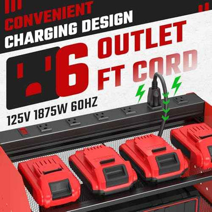 Power Tool Organizer with Charging Station, Heavy Duty 3 Layer Drill Holder Wall Mount Garage Shelf Rack with 6 Outlet Power Strip, Tool Shelf with Hooks, Drill Bit Rack for Garage, Red