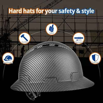 Full Brim Hard Hat - OSHA Safety Helmet Durable Lightweight Carbon Fiber Hard Hat, 6-Point Ratchet Suspension Protective Gear for Men and Women