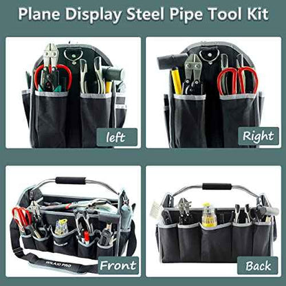 16in Tool Bags For Men Heavy Duty, Tool Bag Organizer Foldable Open Top Tool Bags, Tool Tote Bag With Handle, Wide Mouth Electrician Tool Tote, 22 PCS Pockets Tool Carrier, Grey