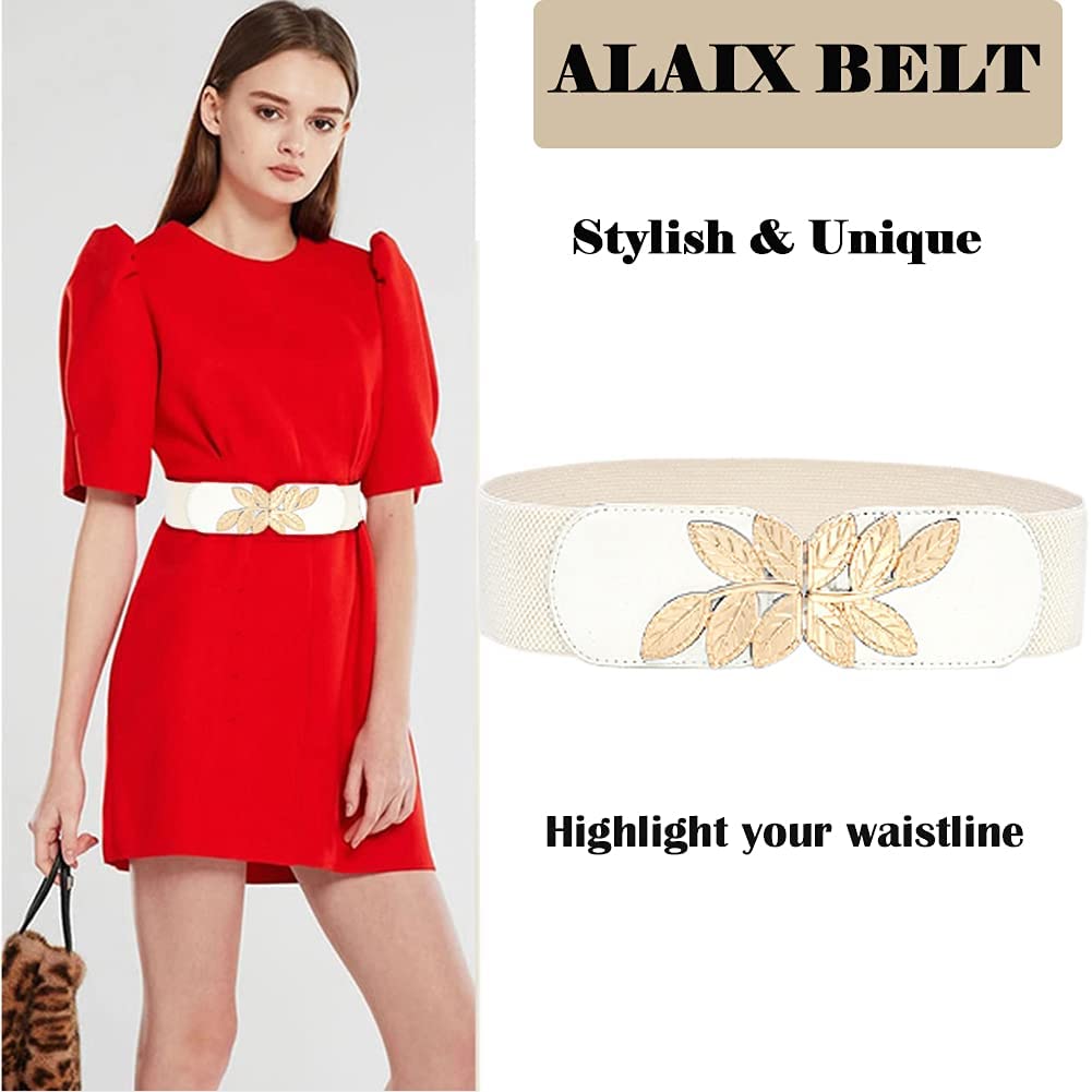 Women's Stretchy Belt for Dress Vintage Wide Gold/silver Leaf Buckle Waist Belts for women Elastic Waistband