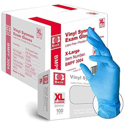 Basic Medical Synmax Vinyl Exam Gloves - Latex-Free & Powder-Free - X-Large, BMPF-3004(Case of 1,000),Blue