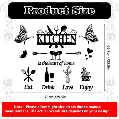 Large Kitchen Wall Decals Dining Room Quotes Wall Stickers The Kitchen is The Heart of Home Sign Decor Word Saying Lettering Wall Decals Butterfly Coffee Cup Sticker for Family Home Restaurant Decor