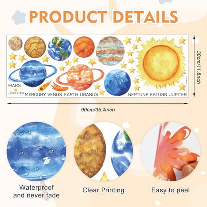 HLNIUC Solar System Wall Sticker Peel and Stick 35¡±x12¡±Kids Space Planets Wall Decal Science Education Window Clings Planet Starry Sky Self Adhesive Room Stickers Outer Space Room Decals for Classroom