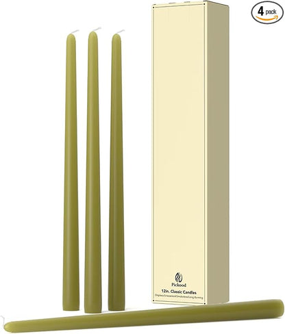 12-Inch Tall Dripless Taper Candles Set of 4 - Olive Green Tapered Candles, Perfect for Halloween - Smokeless, Unscented, Long Burning - Hand Poured, Colored Tall Candlesticks - Oliva