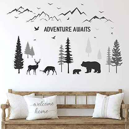 Tenare Dreamy Forest Wall Decals with Pine Tree, Animal Deer, Mountain & Inspirational Quote - DIY Wall Stickers for Kids' Room, Living Room, Bedroom (Simple Style)