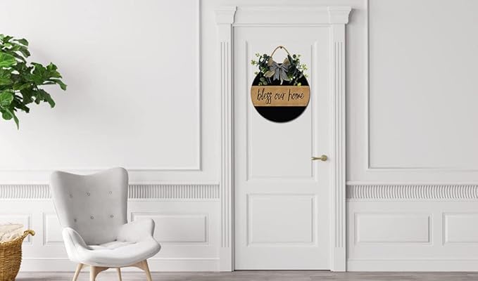 Bless Our Home Front Door Sign Funny Wreaths Hanging Wooden Plaque Decoration Round Rustic Wood Farmhouse Porch Decor for Home Front Door Decor, 11 x 11 Inch