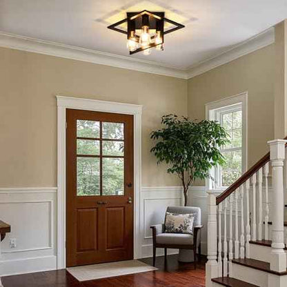 4 Light Industrial Ceiling Light Black Semi Flush Mount Lights Close to Ceiling Light Fixtures,frame cage design Farmhouse Ceiling Lighting for Kitchen Bedroom Bathroom Foyer Hallway (E26, 1Pack)