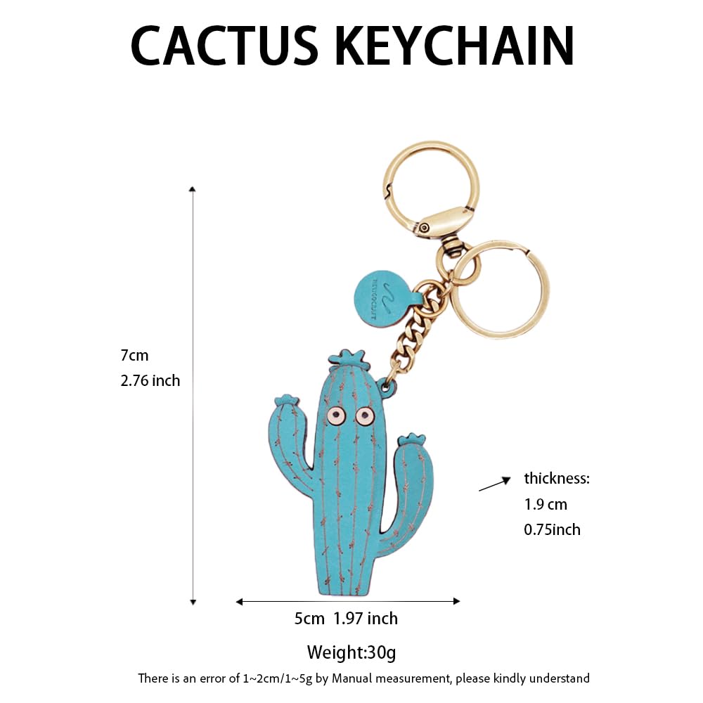NEWGOCRAFT Keychain Charms 3D Cute Genuine Leather Handmade Crafts Cactus Pendant Keychains Accessorie (Blue)