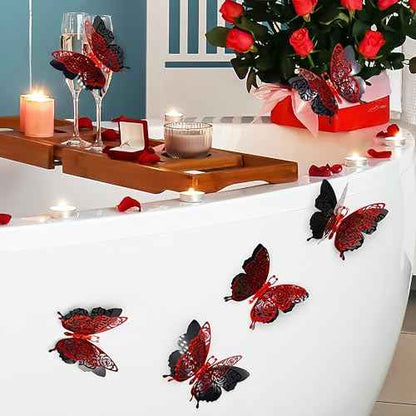 3D Red Butterfly Wall Stickers 6pcs Removable Valentine's Red Rose Butterfly Stickers Wall Decal Butterfly Wall Decals for Home and Room Decoration Wedding Bedroom Decor Living Room Sticker