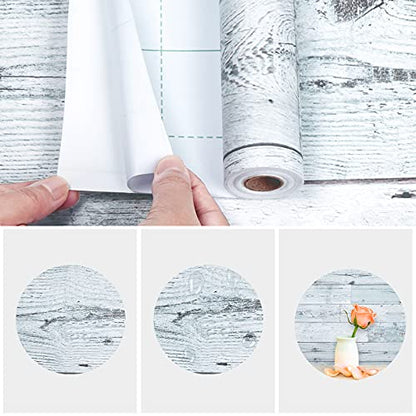 WENMER 17.71" x 118" Grey White Wood Contact Paper Wallpaper Wood Peel and Stick Wallpaper Self Adhesive Removable Wallpaper Vintage Wood Wallpaper for Countertop Cabinet Shelf Drawer Door