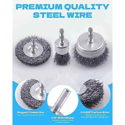 Rocaris 7-Pack Carbon Steel Wire Wheel Brush Set - Cup, Wheel, Pen Brushes with 1/4-Inch Round Shank for Rust Removal, Corrosion and Scrubbing Surfaces