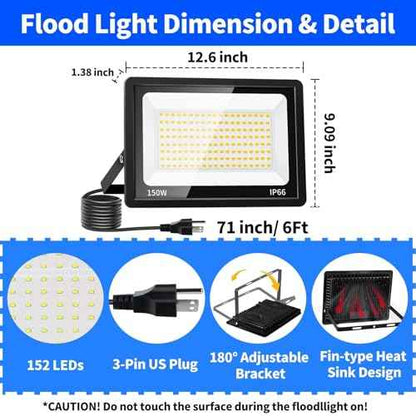 150W LED Outdoor Flood Lights with Plug, 18000lm Bright Work Light with 6ft Cord, 5000K Daylight White Exterior Floodlight, IP66 Waterproof Security Light Yard Lights for Garage Stadium 2 Pack