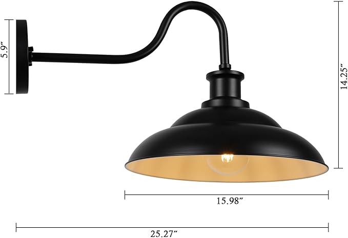 Outdoor Gooseneck Barn Light Fixture, 16 Inch Dome Large Wall Sconce Farmhouse Exterior Wall Mount Light for House Garage Patio Doorway