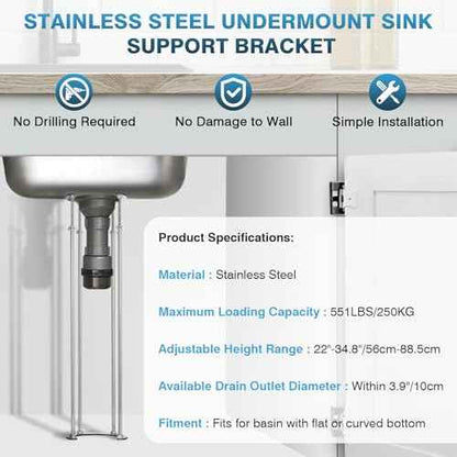 IRONWALLS Undermount Sink Brackets Adjustable, 22" to 34.8" Stainless Steel Under Mount Sink Support Brackets, Kitchen Bathroom Sink Support Legs, Under Sink Support Pole, Sink Repair System