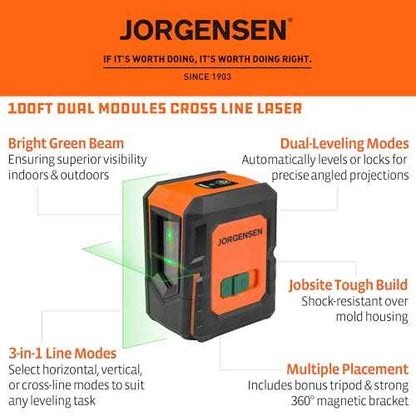 JORGENSEN Laser Level with Tripod, 100 FT Dual Modules Self Leveling Cross Line Laser Leveler Tool with 360¡Æ Magnetic Base, Green Laser Level for Picture Hanging, Tile, Home Renovation, Indoor Project