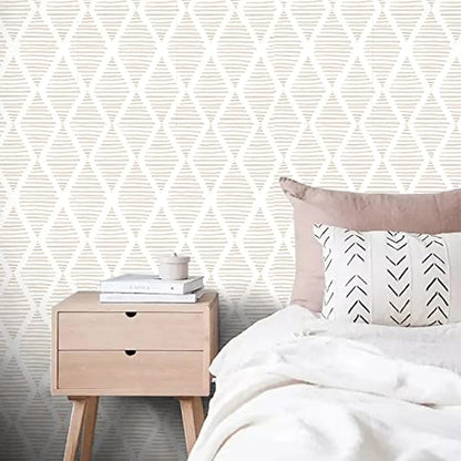 Yun-aeon 17.7" X 120" White and Beige Stripe Peel and Stick Wallpaper Modern Diamond Contact Paper Geometric Removable Wallpaper Self Adhesive Wall Paper for Bedroom Drawers Cabinets Decor Vinyl