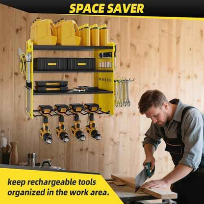 Power Tool Organizer Wall Mount with 4-Drill Holders-400Lbs Load Heavy Duty Metal 4-Layers Garage Storage and Organization Adjustable Battery Tools Rack Utility Racks Gifts for Men