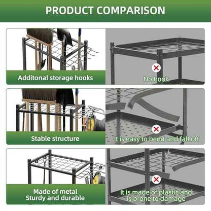 Garden Tool Organizer Stand with Wheels,Yard Tool Organizer for Garage with 2 Hooks, Rack Up to 42 Tools,Broom Holder & Garden Tool Rack for Shed, Patio, Outdoor Use