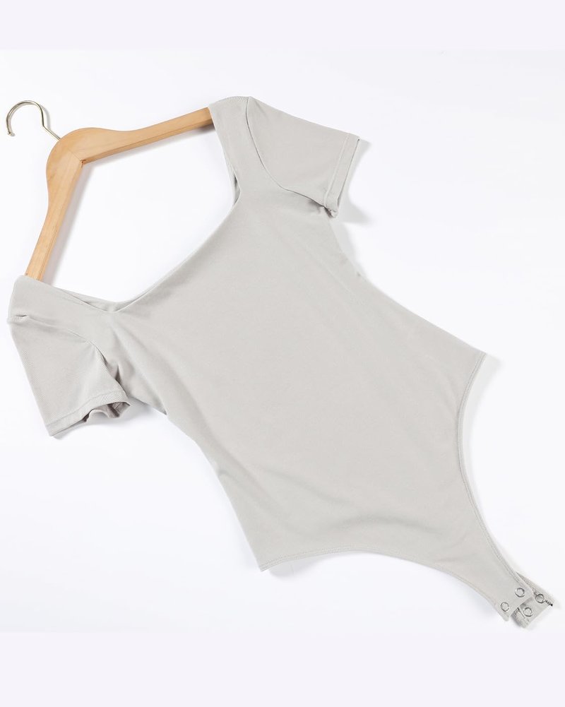 AUROLA Everyday Square Neck Bodysuits,Going Out Short Sleeve Double Lined Stretchy Shirt Tops,Coconut Milk,S