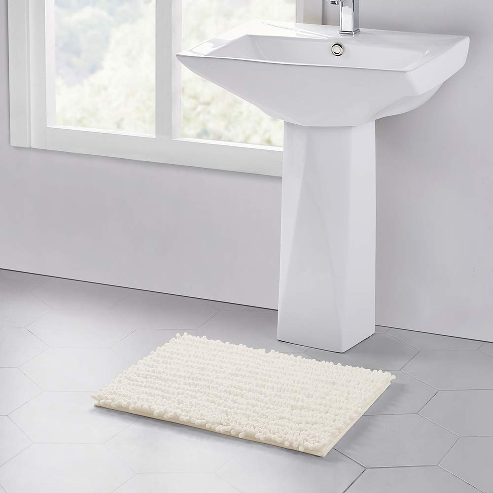 Walensee Bathroom Rug Non Slip Bath Mat (24x17 Inch Ivory) Water Absorbent Super Soft Shaggy Chenille Machine Washable Dry Extra Thick Perfect Absorbant Best Small Plush Carpet for Shower Floor
