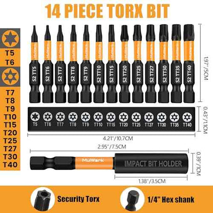 Mulwark 1" Torx Bits Set, 14 Pieces (T5-T40) ? S2 Steel Security Torx Socket Bits with Magnetic Holder