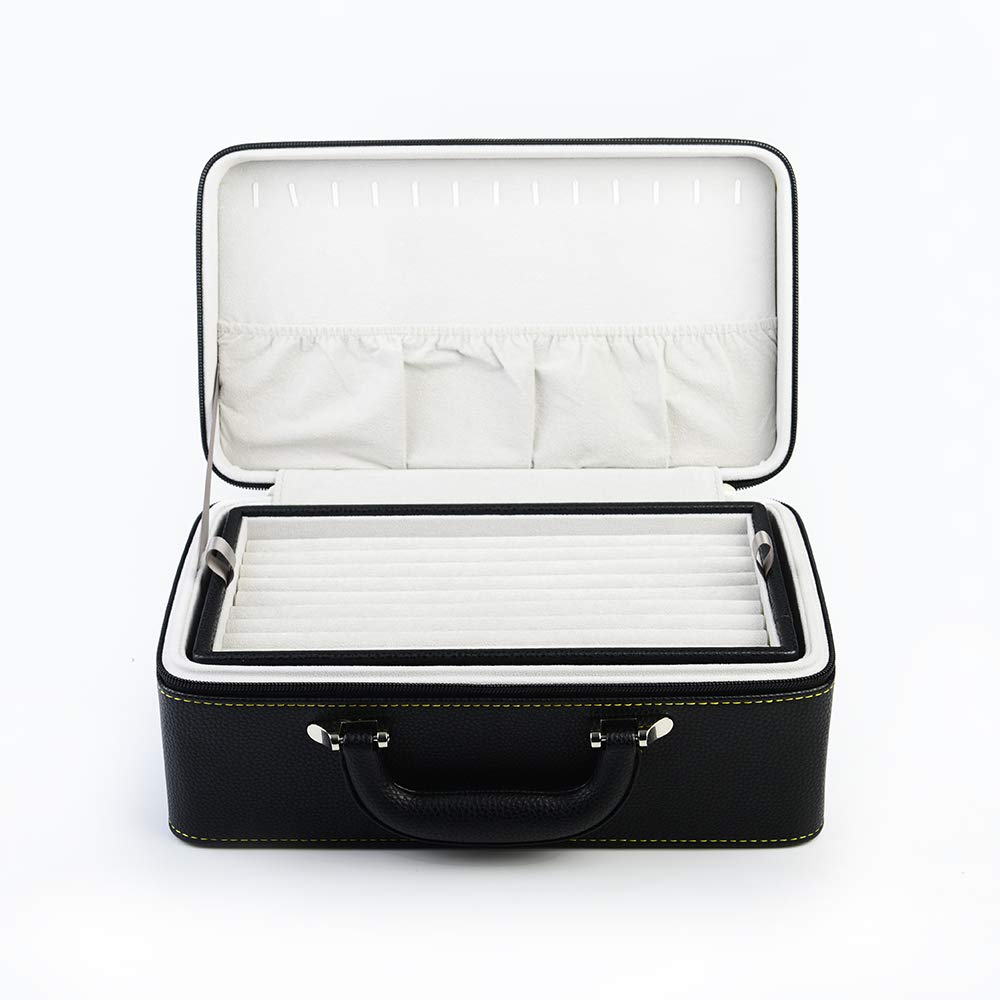 Oirlv Black Leather Jewelry Box Handmade Travel Jewelry Organizer Storage Case Holder For Girl Lady Earring,Ring,Necklace,Pendant,Watch,Bracelet.(3 layers)