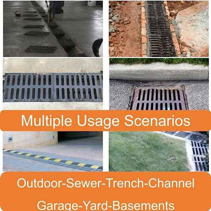 Cast Iron Drain Grate and Frame, 12x8 Outdoor Drain Cover, B Class Sewer Grate with Base, Durable Heavy Duty Channel Grate, Black Rectangle Drainage Grate for Driveway, Concrete, Yard