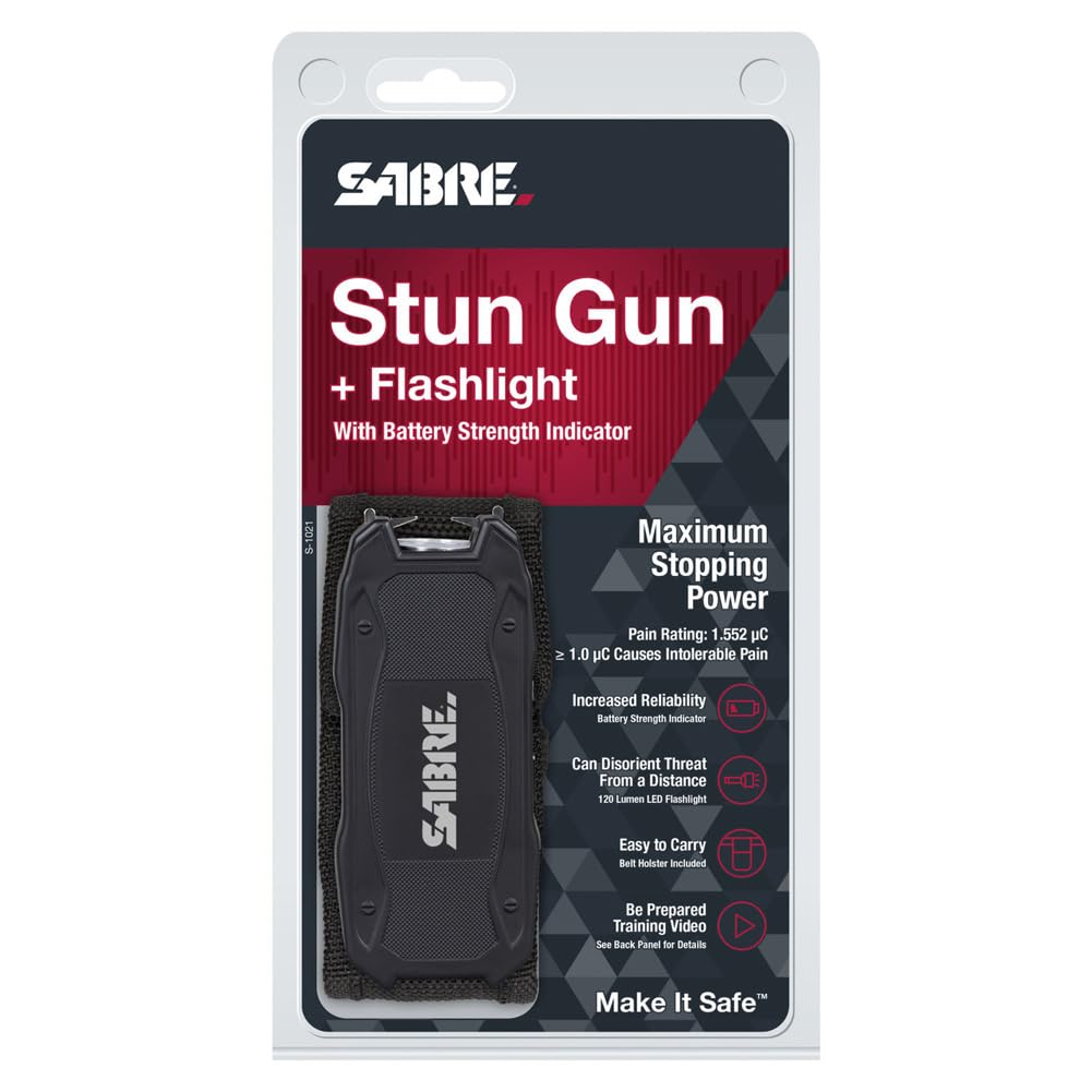 Sabre Stun Gun with Flashlight and Battery Strength Indicator, 1.552 Microcoulombs (µC) Charge, 120 Lumen Flashlight, Increased Reliability, Safety Switch, Rechargeable, Compact Design, Black