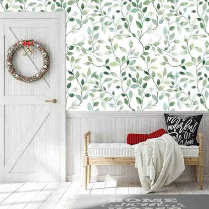Modern Blue and Sage Green Leaf Peel and Stick Wallpaper Botanical Design Removable Self Adhesive Vinyl Contact Paper for Bathroom Waterproof Cabinets and Farmhouse Wallpaper 17.7" x 70.8"
