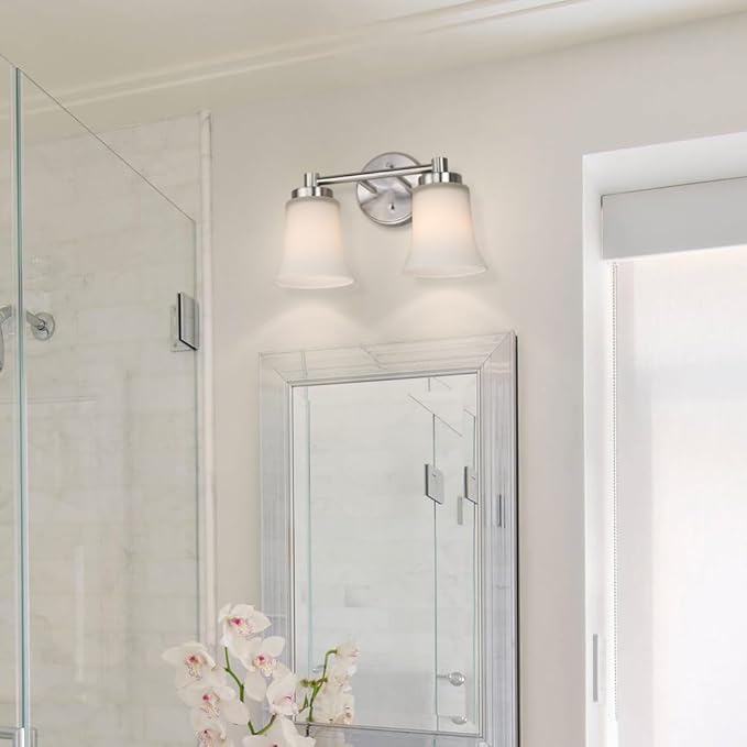 XiNBEi Lighting Bathroom Vanity Light, Modern Wall Light with Glass, Brushed Nickel 2 Light Bath Bar Light XB-W1235-2-BN