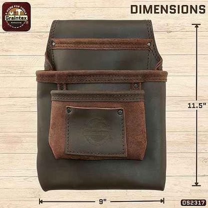 Graintex OS2317 3 Pocket Nail & Tool Pouch Top Grain Oil Tanned Leather for Framers, Constructors, Electricians, Plumbers, Handyman Brown