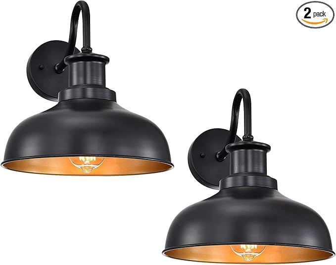 Outdoor Gooseneck Barn Lights, Farmhouse Outdoor Wall Sconces, Rustic Exterior Wall Mount Lights, Vintage Outside Lighting Fixtures, Industrial Black Gold Lanterns for Porch Garage Patio, 2 Pack