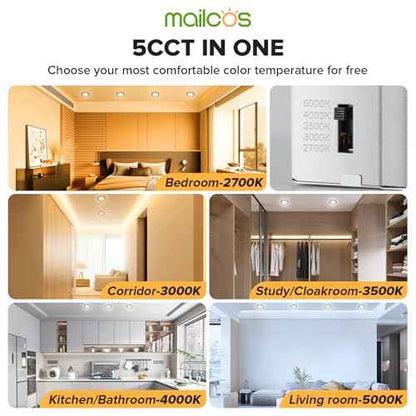 MAILCOS 12 Pack 6 Inch 5CCT Black Ultra-Thin LED Recessed Lighting with Junction Box, 2700K-5000K Selectable, 1050LM High Brightness, Dimmable Canless Wafer Downlight, 12W 120V, ETL